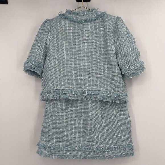 Lena Light Blue Tweed Short Sleeve Jacket & Skirt Matching Set Size L NWT - Picture 2 of 15